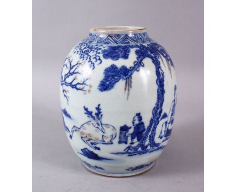 A CHINESE KANGXI STYLE BLUE &amp; WHITE PORCELAIN GINGER JAR -  decorated ith figures in landscapes with copper red detailing