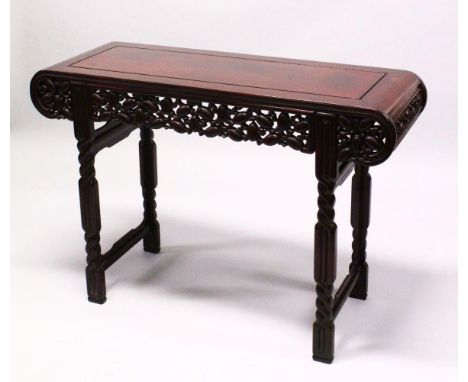 A GOOD 20TH CENTURY CHINESE ROSEWOOD ALTER TABLE, with scroll ends, pierced and carved frieze and simulated rope twist legs, 