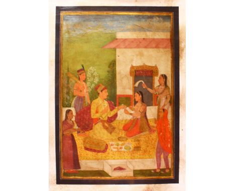 AN INDIAN PRINT ON CANVASS OF PRINCE AND ATTENDANTS, seated in the garden having a picnic, 83cm x 62cm