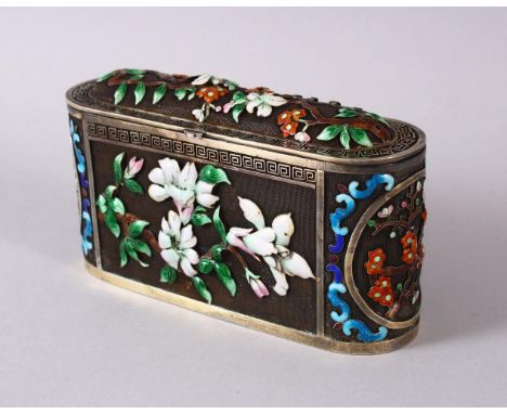 A CHINESE SILVER &amp; ENAMEL LIDDED BOX, with enamel decoration of native flora, base marked silver, 15cm