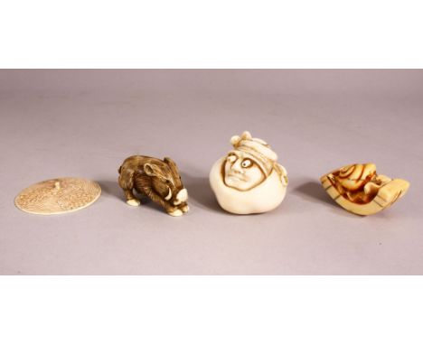 A CARVED IVORY NETSUKE DEPICTING A BOAR, along with another of a snail, an amusing netsuke and a small ivory disk (4), 95g in