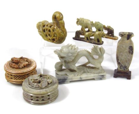 Various soapstone carvings, boxes, etc., to include a 20thC Chinese jar with removable cover in jade colours, carved swan orn