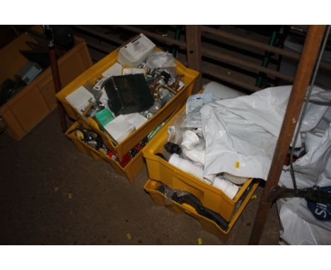 Four plastic trays of various plumbers fittings, drill bits, and a bag of pipe fittings etc.