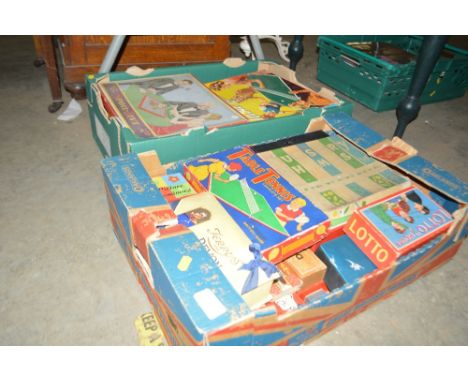 Two boxes of old board games, playing cards and card games