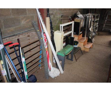 A quantity of various sundry items to include wire fence. mops, garden kneeler, caravan step, garden edging etc. 