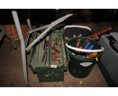 A cantilever tool box and two plastic buckets of various hand tools 