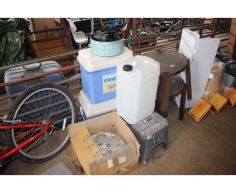 A quantity of sundry items to include cool boxes, a pair of binoculars, wheel trims, step stool