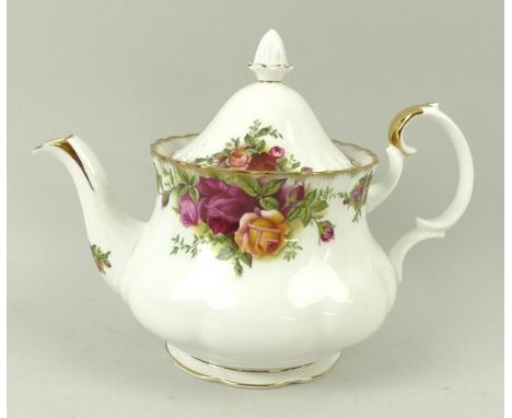 A Royal Albert porcelain part tea service decorated in the 'Country Roses' pattern, comprising; tea pot, sugar bowl, milk jug