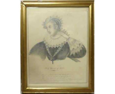 A 19th century pencil portrait of Mary Queen of Scots, with inscription 'Clouds gathered round this lovely flower, She shelte