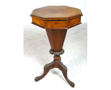 A Victorian octagonal top work box with tapered column and carved tripod base, 44 by 44 by 72cm high. 