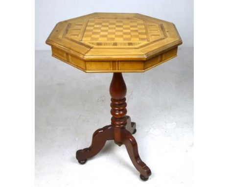 A parquetry games table, with an octagonal top, raised on a turned column and tripod base, 48 by 48 by 69cm high. 