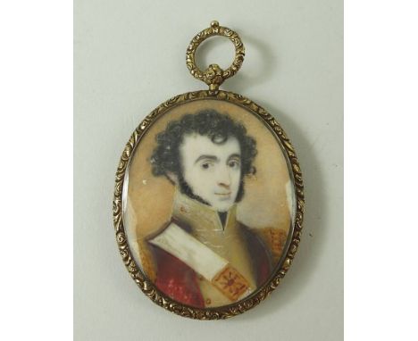 An early 19th century portrait miniature, head and shoulder portrait of an Army officer, with verso a hair locket entwined wi