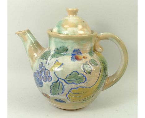 A Royal Doulton pottery part tea service, designed by Frank Brangwyn RA, polychrome decorated with fruit, vegetables and leav