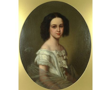 English School (early 19th century): half length portrait of a young lady in a white dress, oil on canvas, 63 by 51cm.