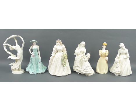 A group of Royal Worcester porcelain figures; comprising; The Wedding Day, Mothering Sunday, Serena, and Spirit of the Dance,