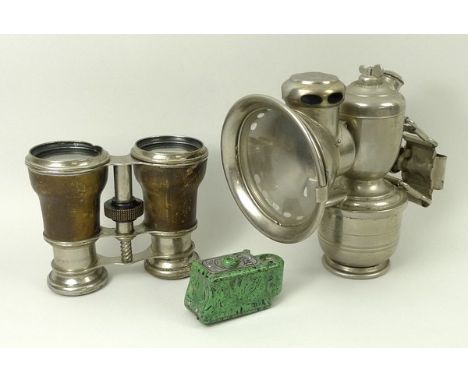 A Jos Lucas ACE A no. 316 bicycle lamp, carbide lamp, a Coronet midget 16mm camera and a pair of Le Jockey Club Paris sportin