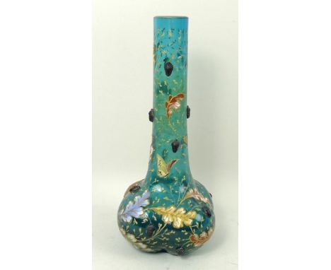 A Moser turquoise glass vase, late 19th century, of long necked, lobed form, enamel decorated with acorns and oak leaves, 16c