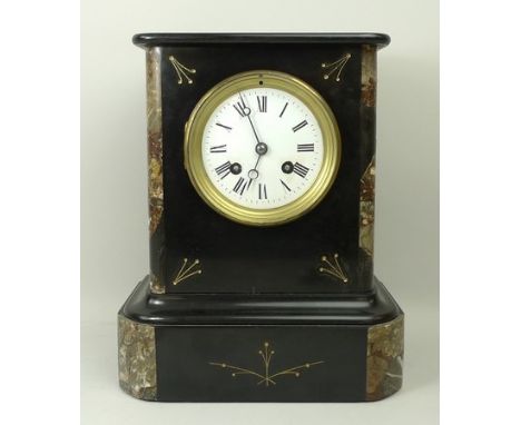 A Victorian marble and slate mantel clock, the white enamel dial bearing Roman numerals, eight day movement, 22 by 14 by 26cm