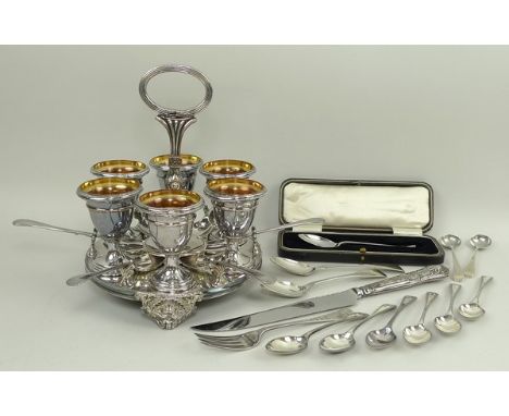 A set of six silver coffee spoons, Sheffield 1910, pair of George IV silver tea spoons, London 1825, child's fork with bright