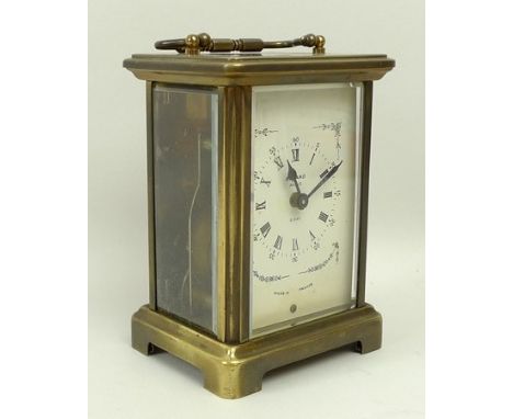 A Bayard, Paris, brass cased carriage clock, enamel dial bearing Roman numerals, Arabic seconds, movement by Duverdrey & Bloq