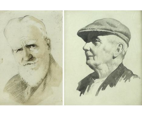 A 20th century black and white profile portrait of a gentleman with a cap, watercolour, 23 by 15, together with a pencil and 