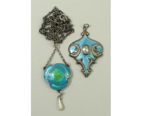 A Charles Horner type Art Nouveau silver and enamel pendant, with a blister pearl drop, on a fancy link chain, and a further 