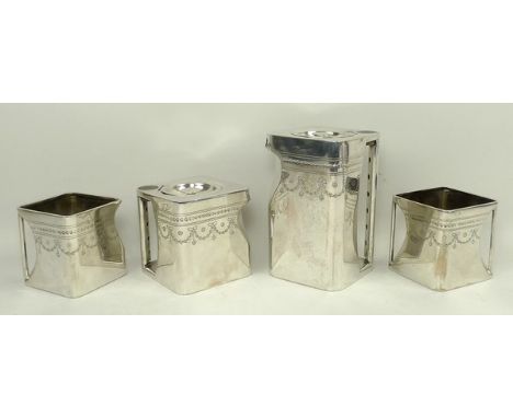 A silver plated tea set of modernist form, stamped to base 'The Cube', by Cube Teapots Ltd, Leicester, T. Wilkinson & Sons, R