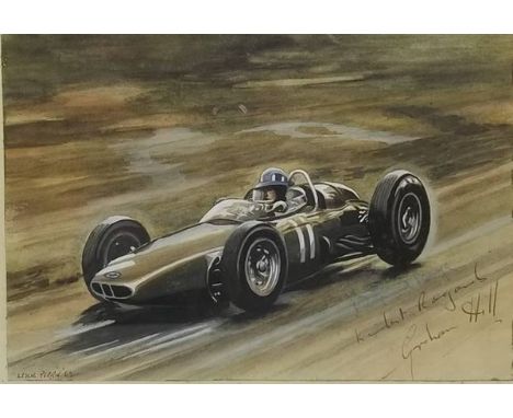 Leslie Perrin (British, 20th century): two studies of BRM racing car no 11 with driver, signed and dated '62 and '63, lower l