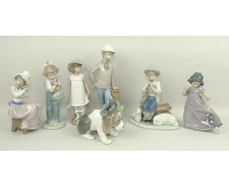 A Lladro porcelain figure of a puppy and six Nao figures comprising a shepherd, girl with parasol, seated girl with puppy, gi