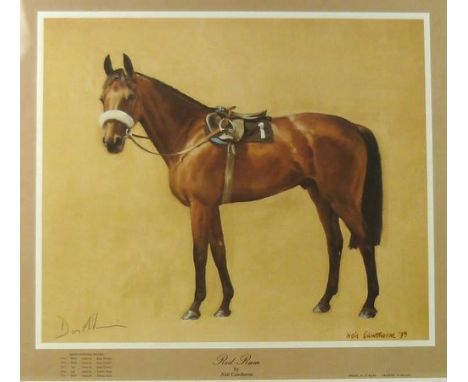 Two signed prints of Red Rum by Neil Cawthorne 'Red Rum in the Stable Yard', 1980, signed by jockey Brian Fletcher, and 'Red 