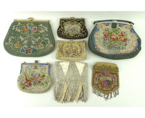 An Art Deco beaded top, a 1920s beaded evening bag with tasselled lower edge, an Edwardian tapestry evening bag with enamelle