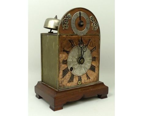 An Austrian alarm bracket clock, circa 1730, the copper face with silver spandrels, with separate silver alarm setting ring p