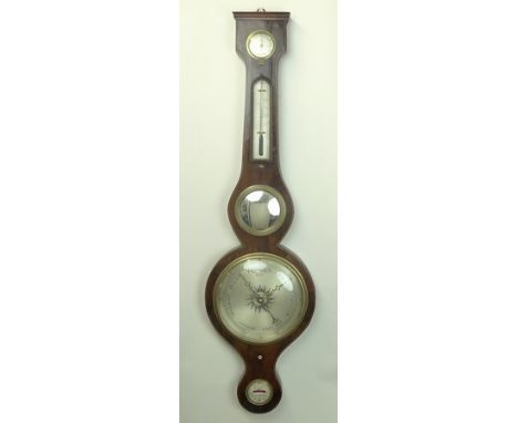 A George III mahogany wheel barometer by Grant of Warbleton, with thermometer and damp/dry dial, the case with boxwood string