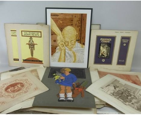 A portfolio of assorted prints and paintings, including a woodblock print depicting a man holding a hand in solace, 42 by 29c