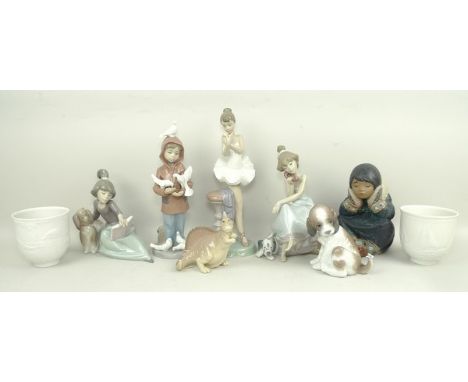 A group of Lladro porcelain figures, comprising; Pensive Eskimo Girl, no 12158, Little Friends 06129, For a Perfect Performan