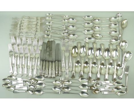 A quantity of George III and later silver 'Old English' pattern flatware, comprising; eight tea spoons, crest and monogram en