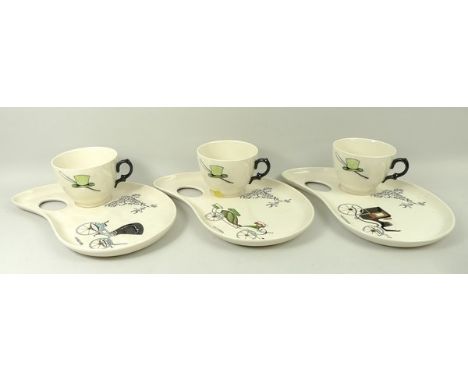 A Clarice Cliff, Royal Staffordshire, Memories of the Past set of three cups and sandwich saucers, printed marks, comprising;