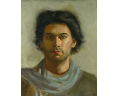Warren Sealey: 'The Greek', a portrait of a young man against a buff background, oil on canvas, 60 by 38cm. 