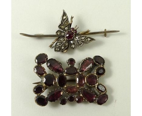 A Victorian gold, ruby and old cut diamond bar brooch formed as an insect, together with a gold and garnet set brooch, 11.0g.