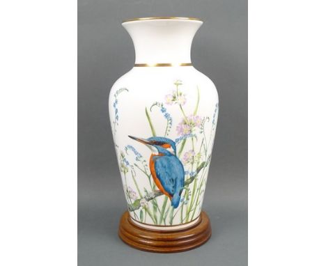 A Royal Worcester porcelain 'Kingfisher Vase', number 229/2500, commissioned by Spink, printed mark, with wooden stand, 26cm 