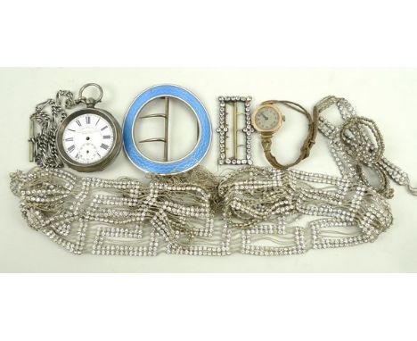 A lady's 9ct gold cased wristwatch, a Georgian paste set buckle, 1920's brass and guilloche enamel belt buckle, two 1920's pa
