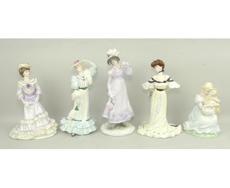 A group of Coalport porcelain Golden Age figures, comprising; Louise at Ascot, Beatrice at the Garden Party, and Alexandra at