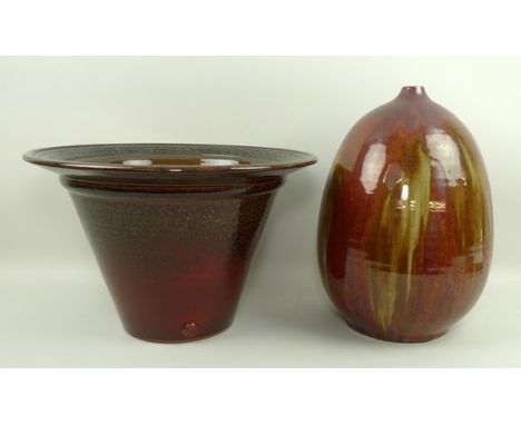 A Poole pottery pot, by Alan White, exterior red ground, interior brown ground, 37 by 24cm, and a run glazed gourd shaped pot