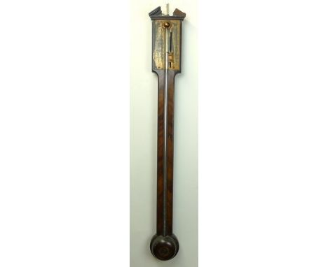 A George III mahogany stick barometer with a brass plate, 94cm long. 