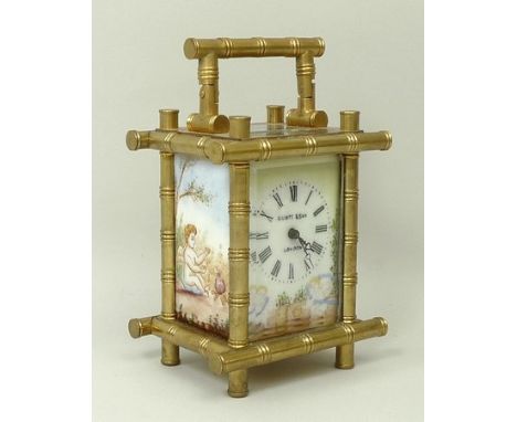 An Elliot & Son miniature carriage clock, the white enamel dial painted with cherubs, bearing Roman numerals, the brass case 
