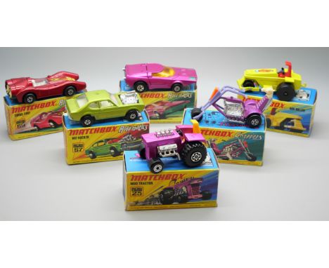 Six Matchbox Superfast die-cast model vehicles, 21, 25, 38, 39, 67, 69 