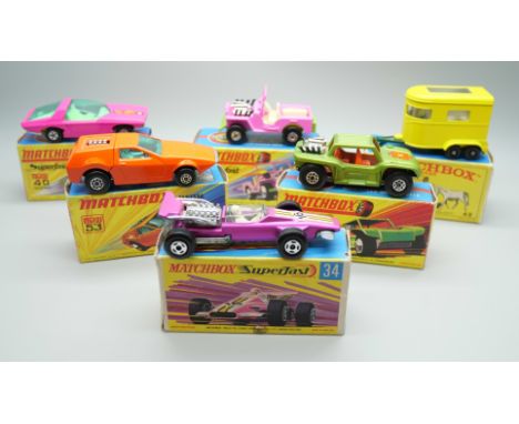 Six Matchbox Superfast die-cast model vehicles, 2, 13, 34, 40, 43, 53 