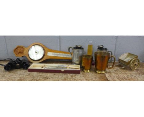 A box of mixed metalwares, barometer, stick stand and walking sticks **PLEASE NOTE THIS LOT IS NOT ELIGIBLE FOR IN-HOUSE POST