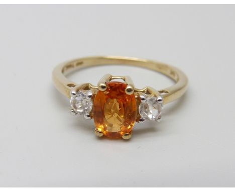 A 9ct gold fire opal and topaz ring, 1.7g, L 