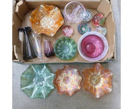 Five Carnival glass dishes, four glass paperweights including Caithness and millefiore, bowls and vases **PLEASE NOTE THIS LO